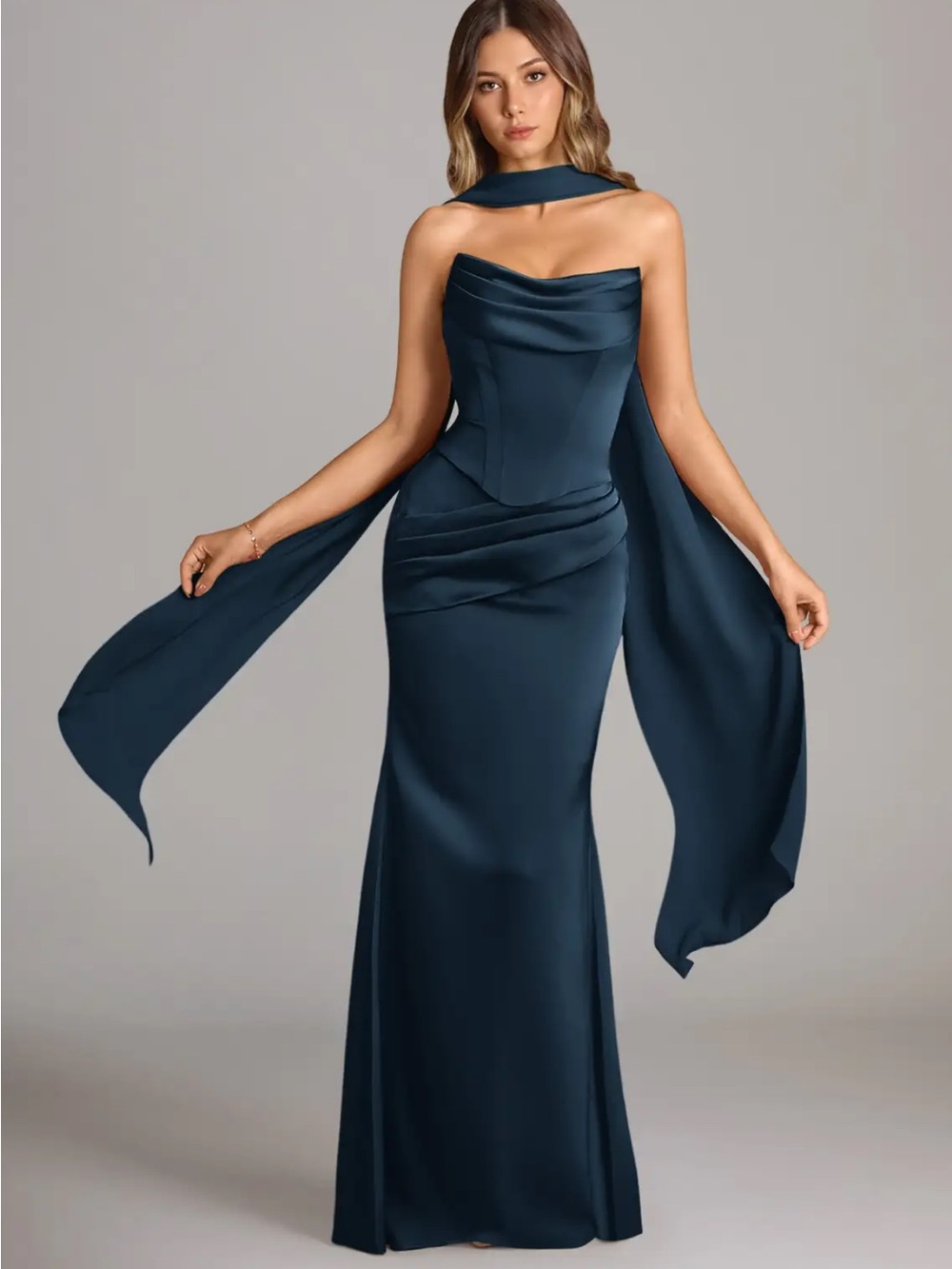 Azazie Navy Evening Gown with Draped Scarf